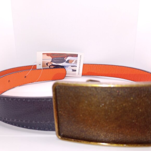 New Womens Skinny Reversible Leather Belt Full Grain Orange Black Size 34